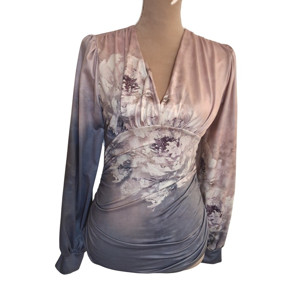 Floral V-Neck Ruched Long Sleeve Blouse Mauve Lavender Blue Size Small